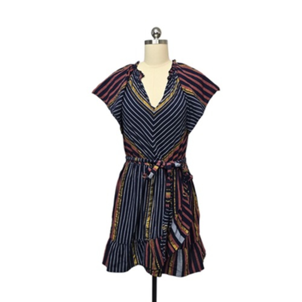 Ranna Gill Dress Womens Medium Navy Striped Metallicโ Flutter Sleeve Belted Mini